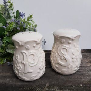 Vintage White Ceramic Salt & Pepper Shaker Set Embossed Floral Design